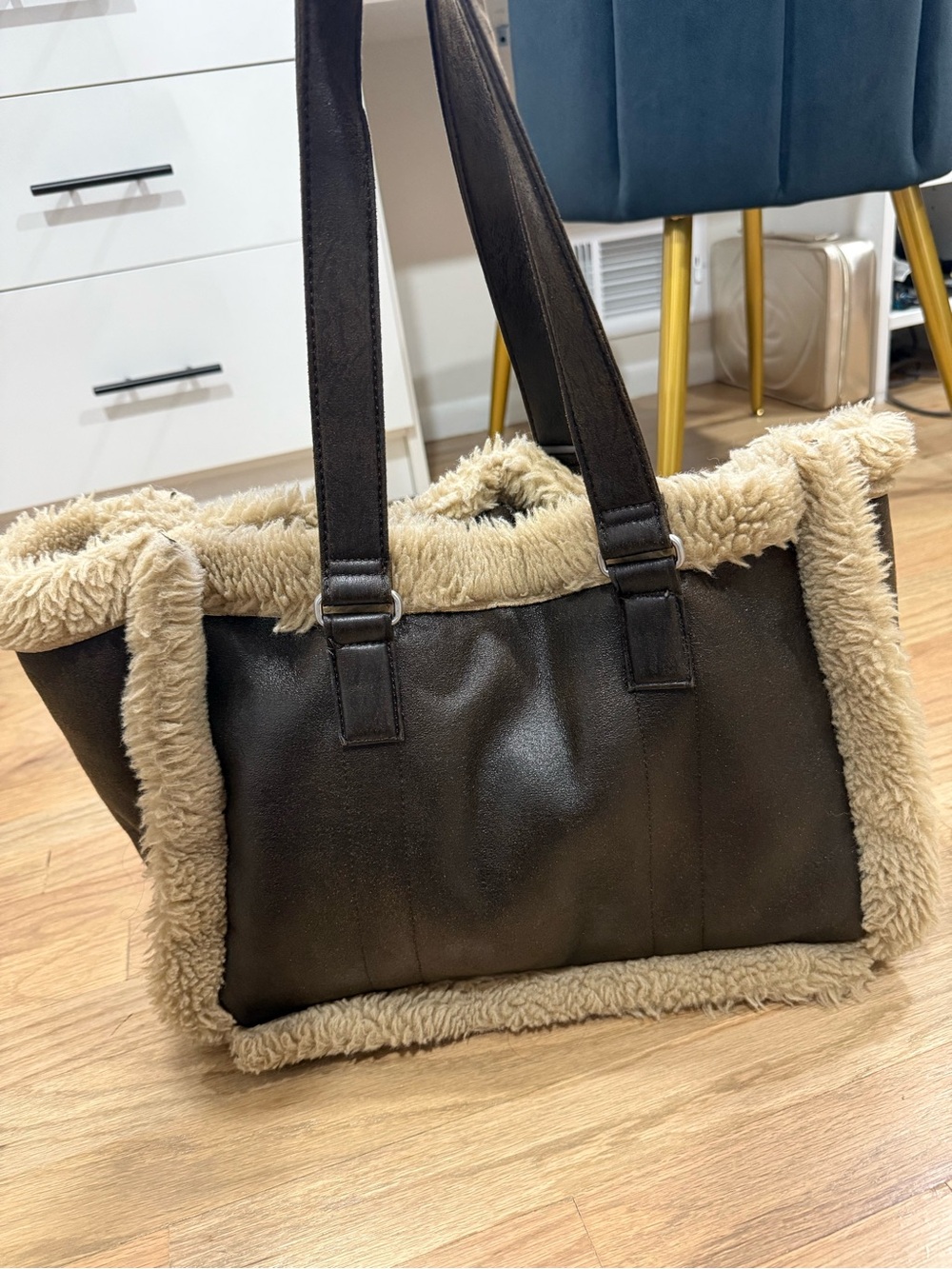 Zara Brown Faux Leather Tote with Cream Sherpa Trim
